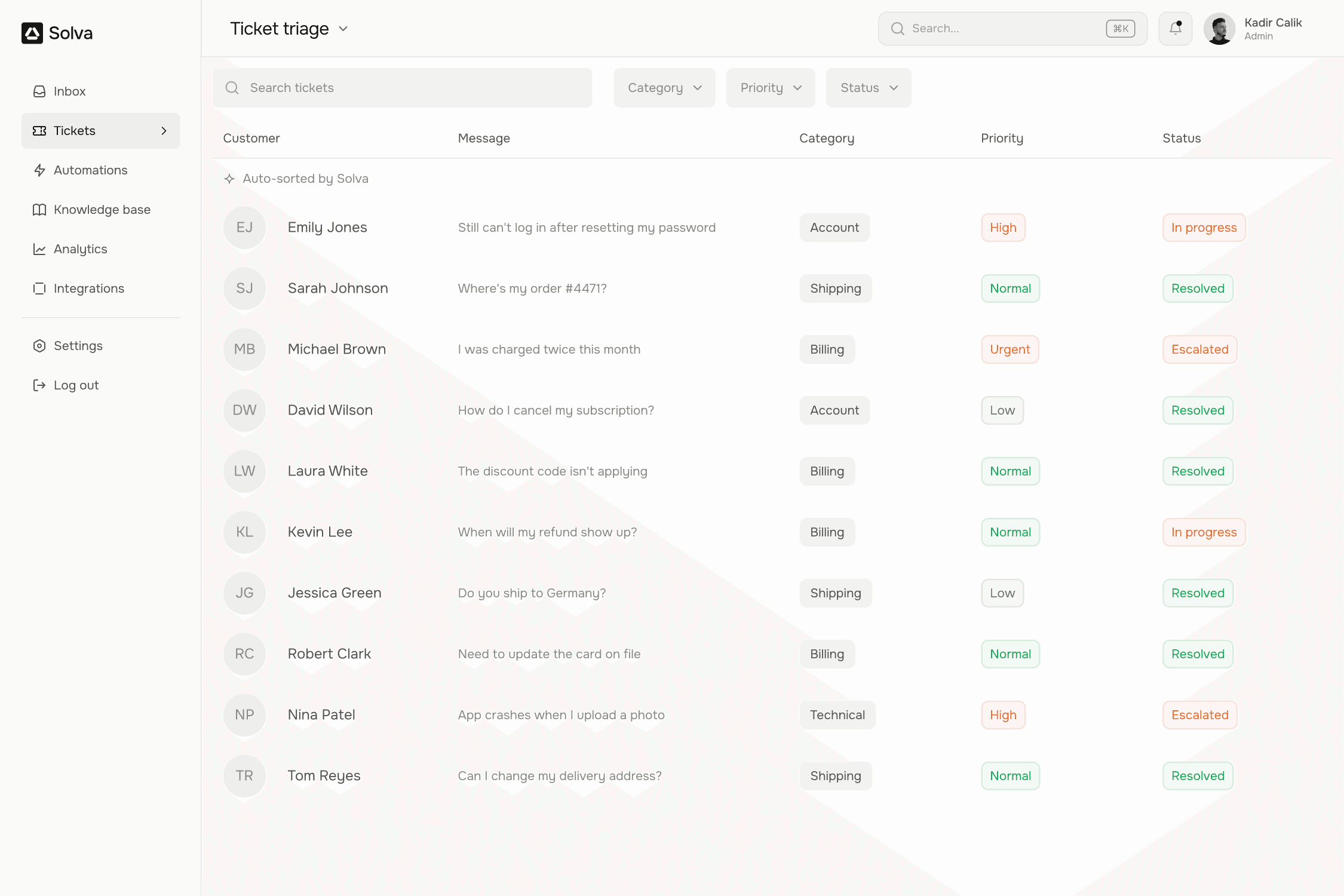 Silver inbox with tickets automatically categorized and prioritized