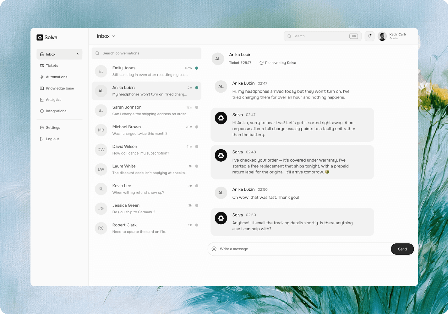 Silver inbox showing a customer conversation resolved automatically at 2:47 AM