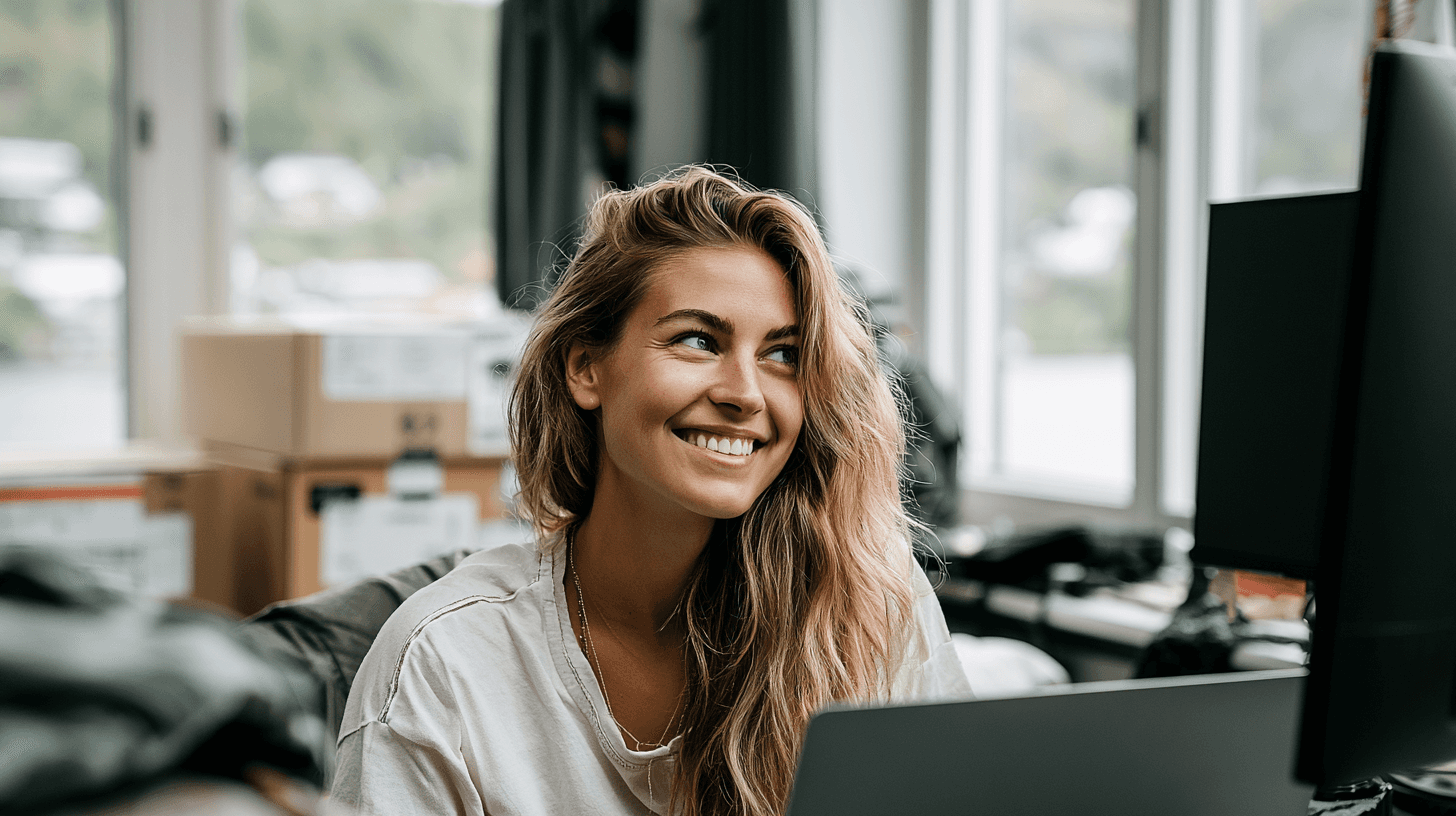 Smiling woman working on a laptop in a modern office