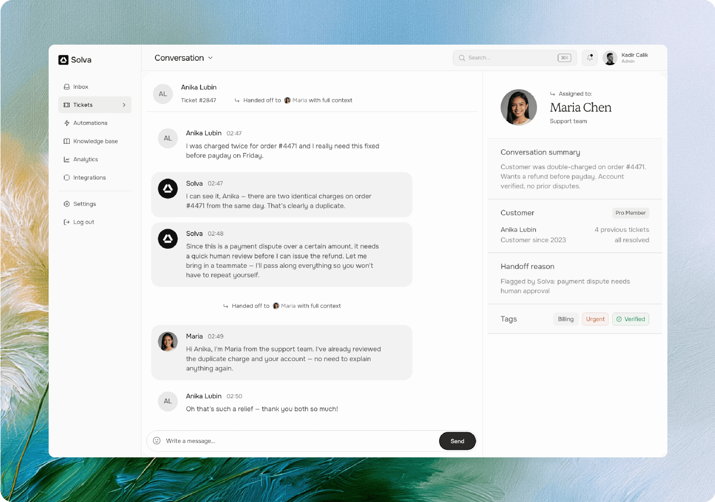 Silver handing a billing issue to a support agent with full context