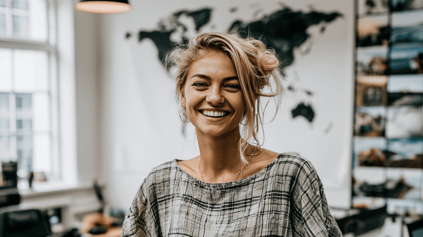 Smiling woman in a bright office environment