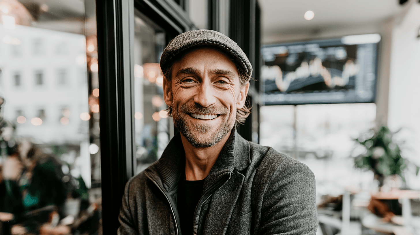 Smiling man wearing a cap in a modern office