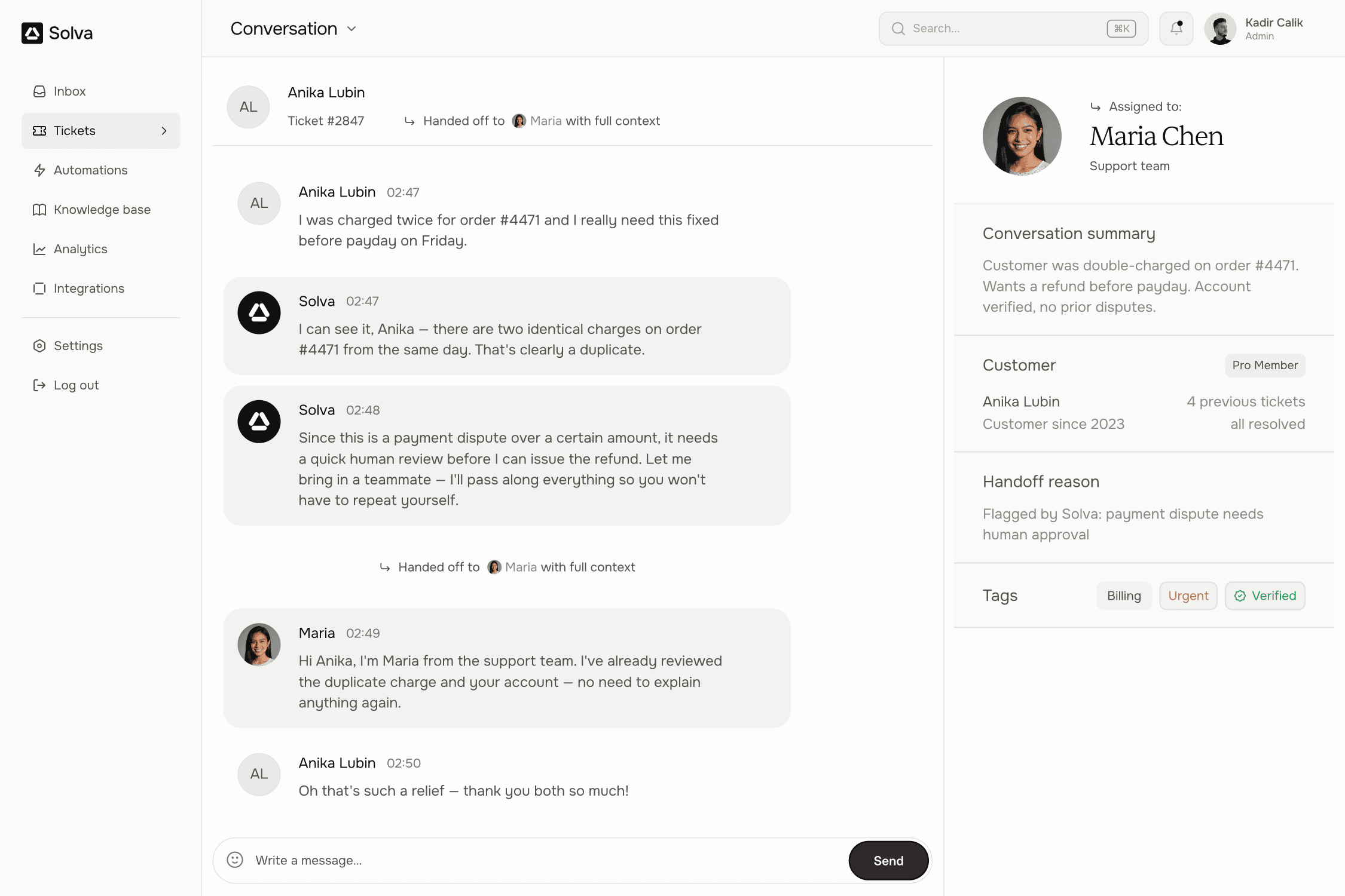 Silver handing a billing issue to a support agent with full context