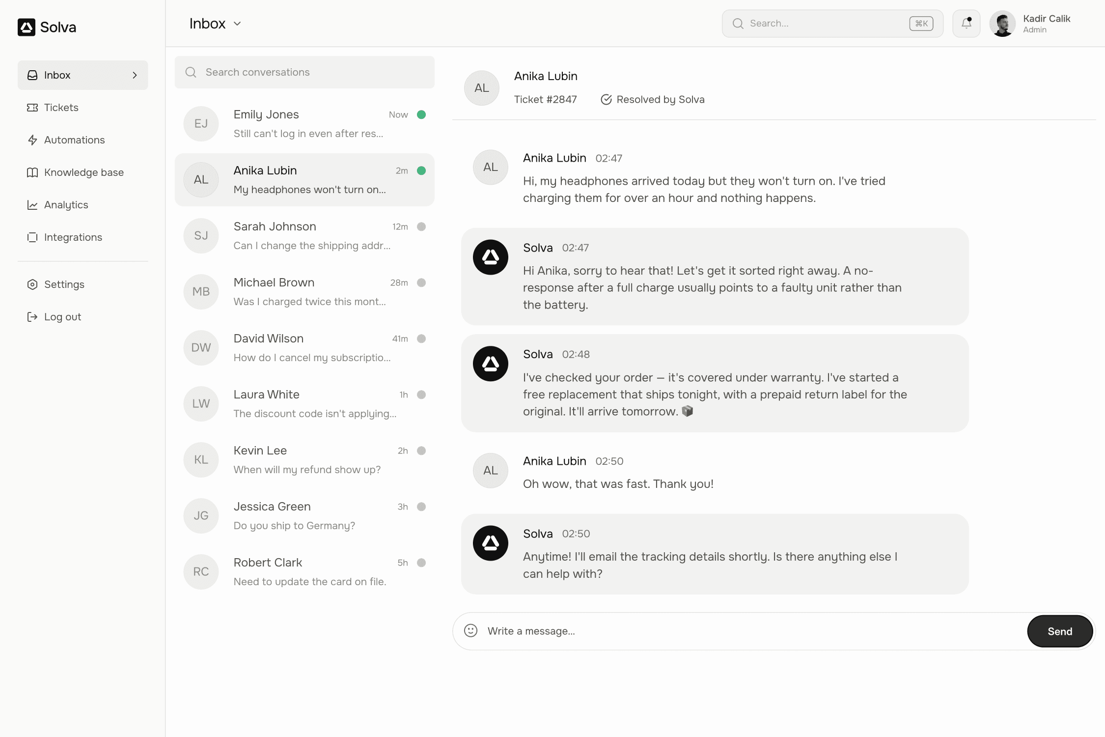 Silver inbox showing a customer conversation resolved automatically at 2:47 AM