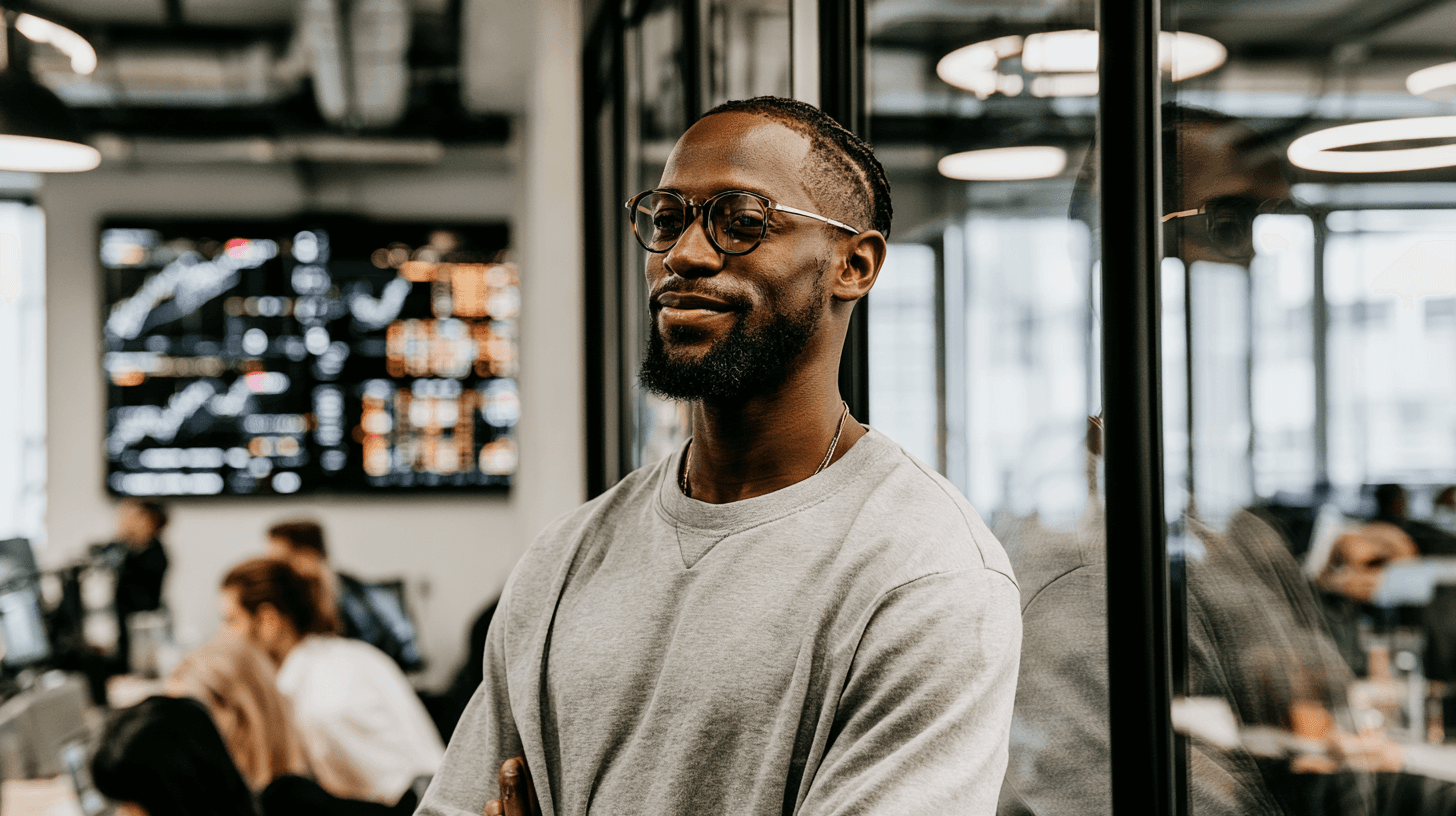 Professional man smiling in a contemporary workspace